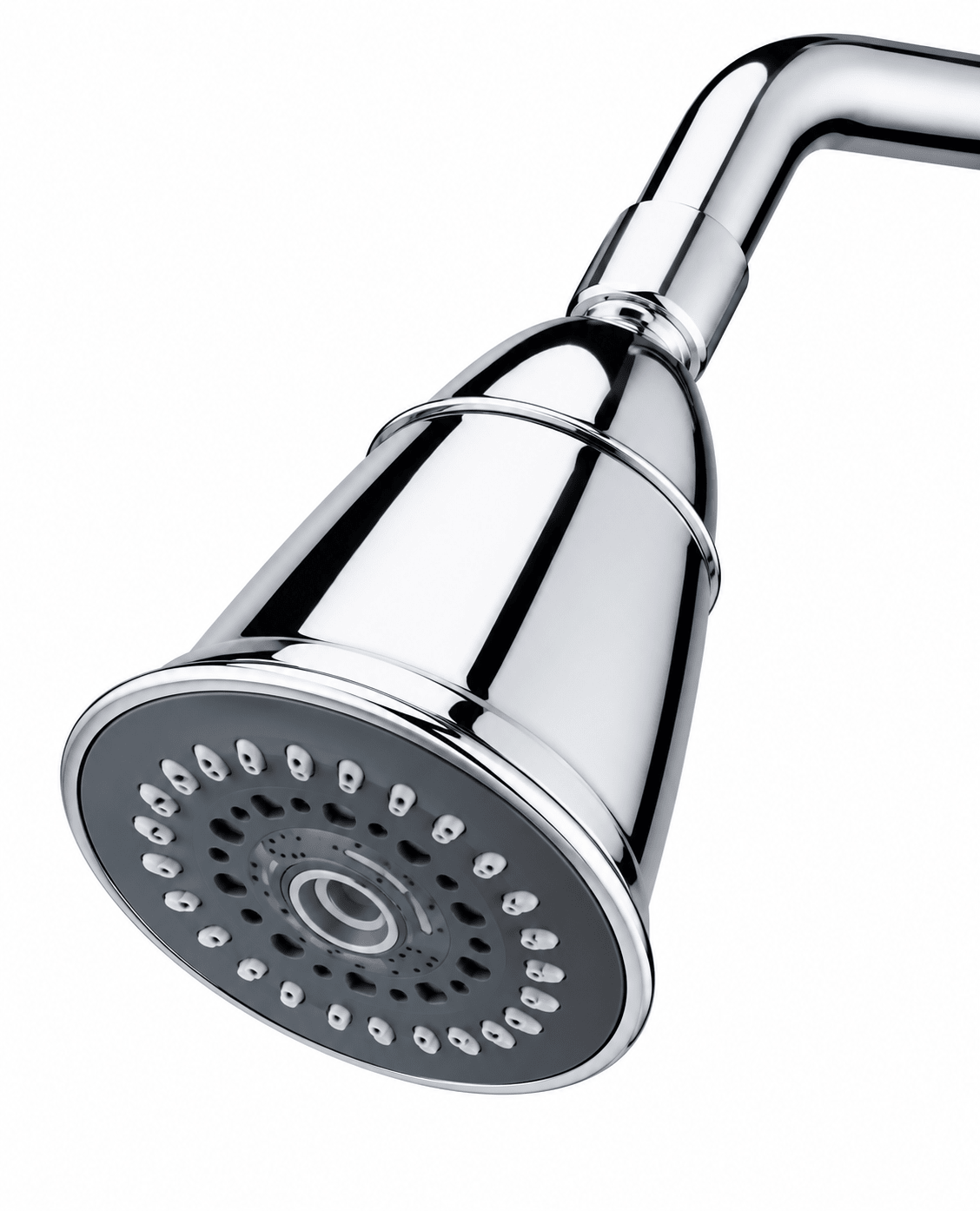 Chrome-finished water-saving showerhead with a sleek design and multiple spray nozzles.