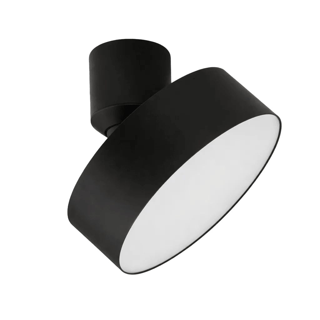 A large black ceiling spotlight with a round, white diffuser, mounted on a cylindrical base.