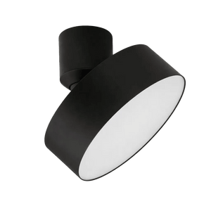 A large black ceiling spotlight with a round, white diffuser, mounted on a cylindrical base.