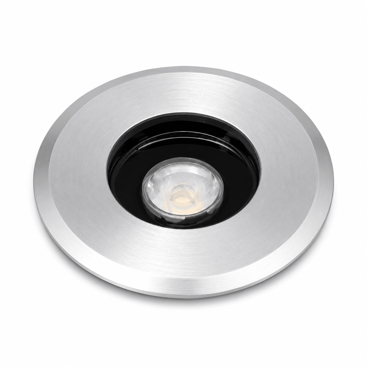 Round metallic recessed light fixture on a white background