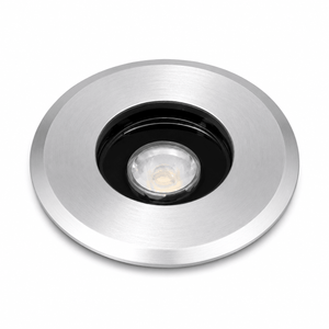 Round metallic recessed light fixture on a white background