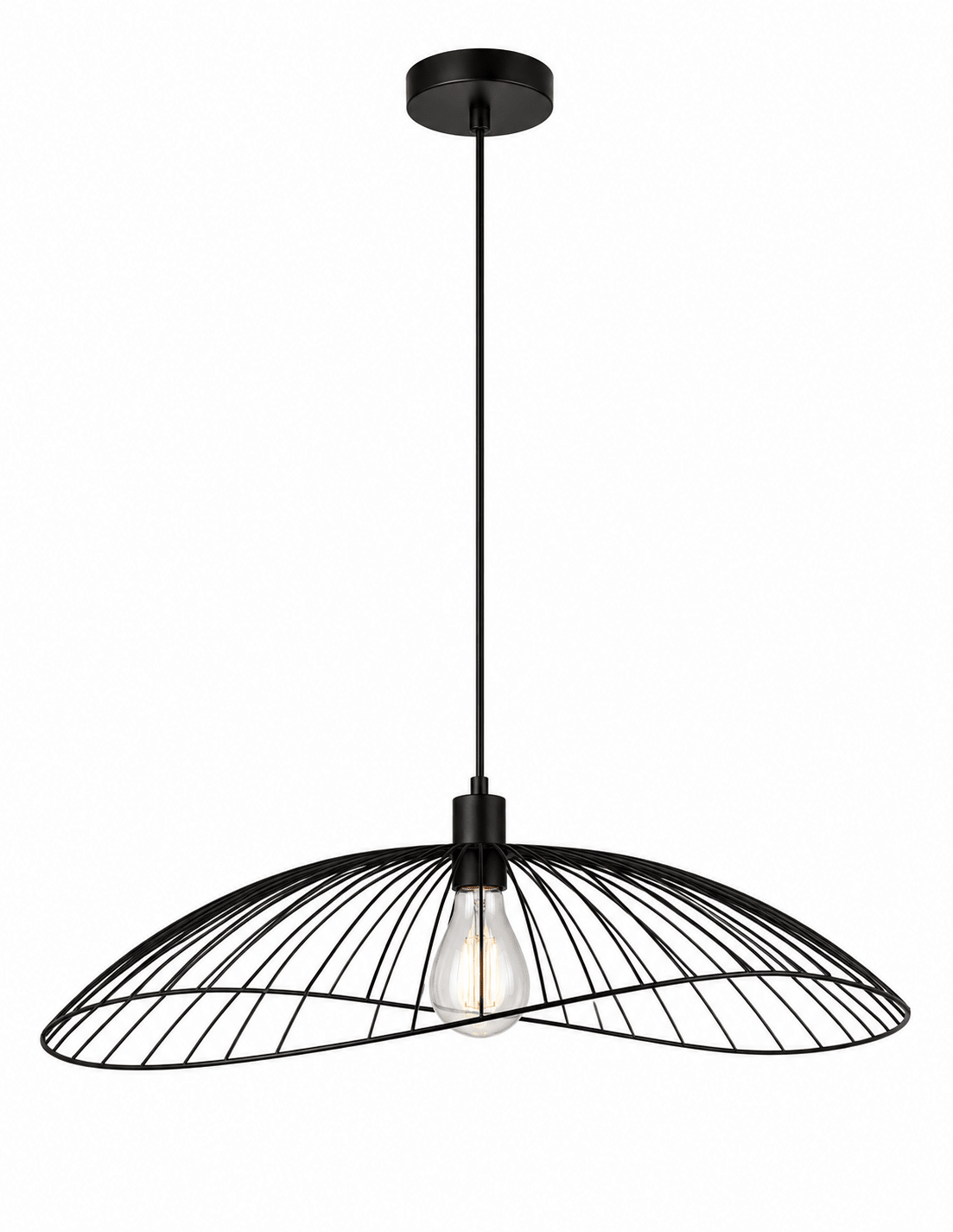 Black pendant light with a modern wireframe design and exposed bulb, suspended from the ceiling.