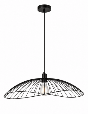 Black pendant light with a modern wireframe design and exposed bulb, suspended from the ceiling.
