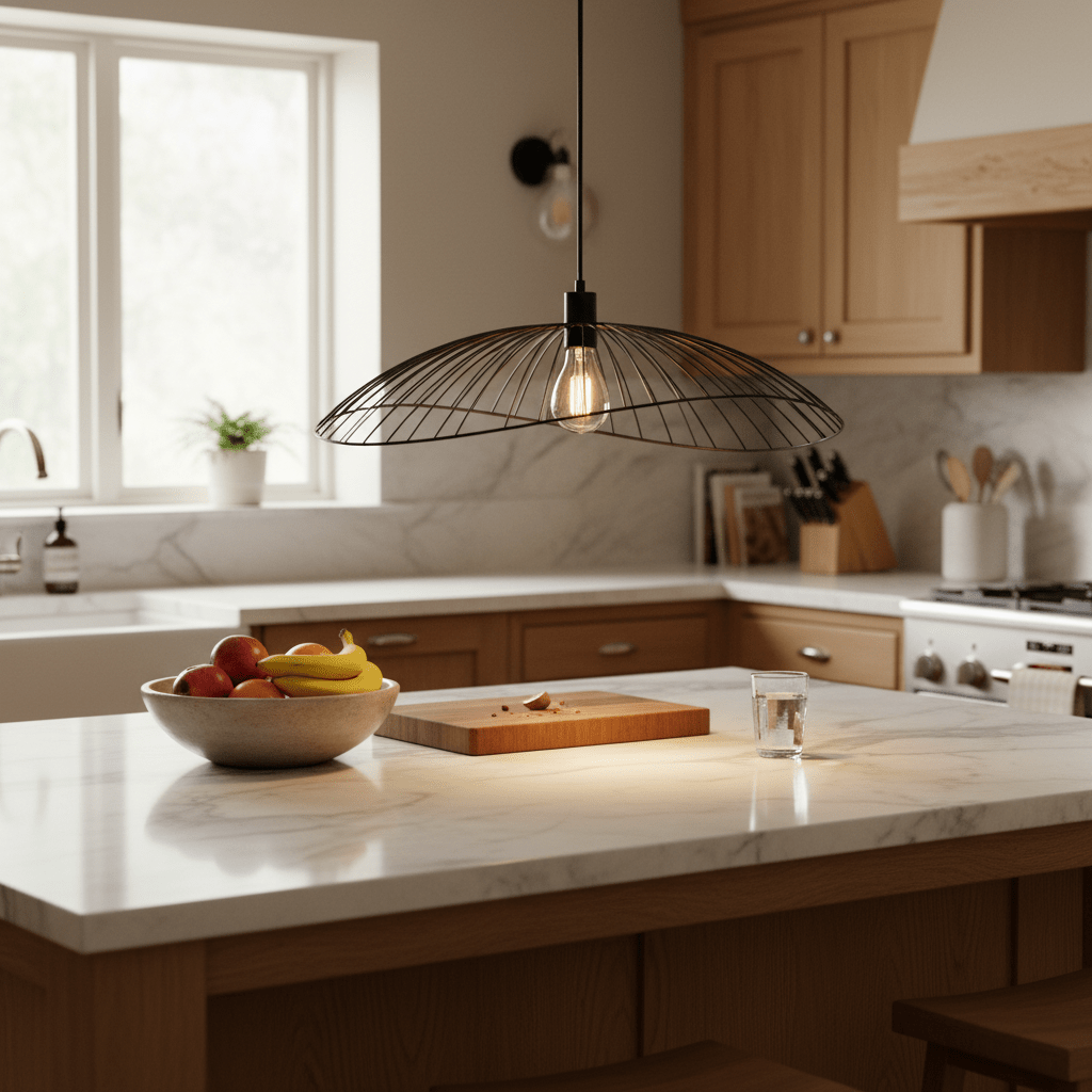 Sensu Solo Black Pendant Light hanging over a kitchen island with fruits and a cutting board.