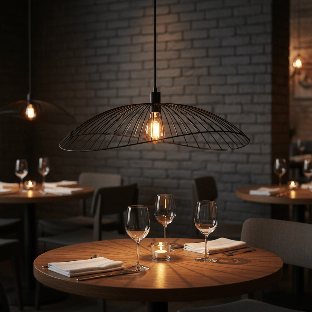 Stylish black pendant light hanging over a wooden dining table set for dinner in a cozy restaurant.