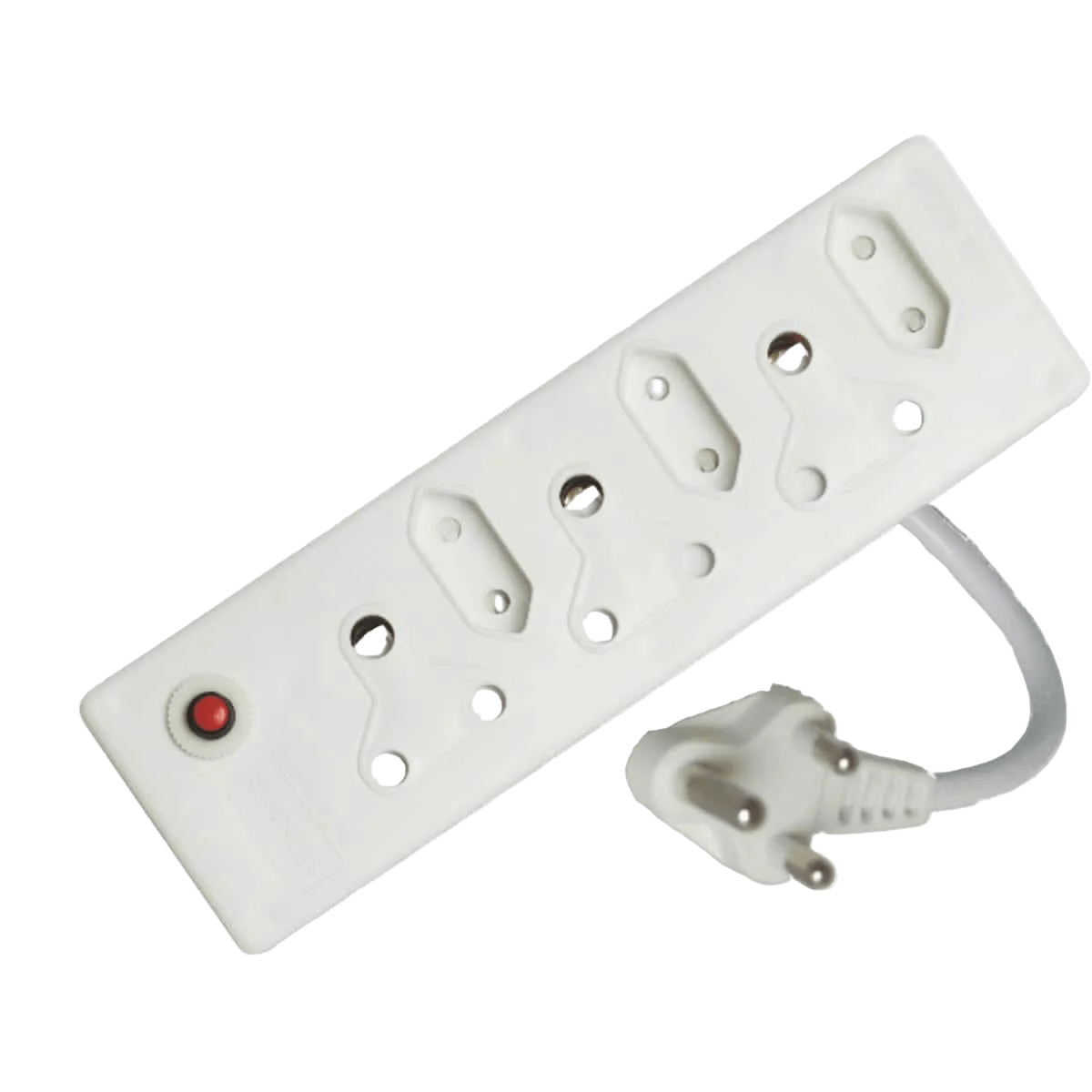 White rectangular multi-plug with six sockets, red power button, and attached white plug on green background