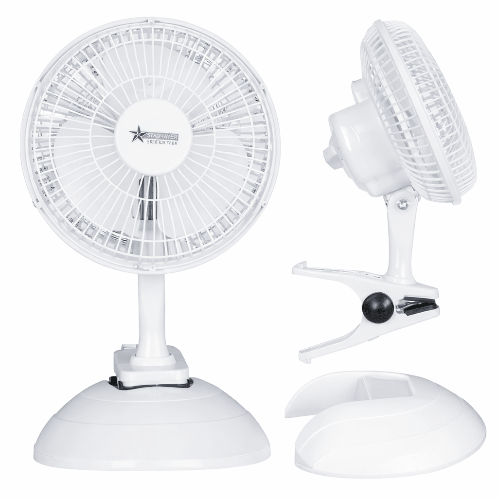 White desk fan with a clip on a white background