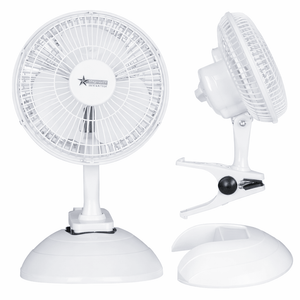 White desk fan with a clip on a white background