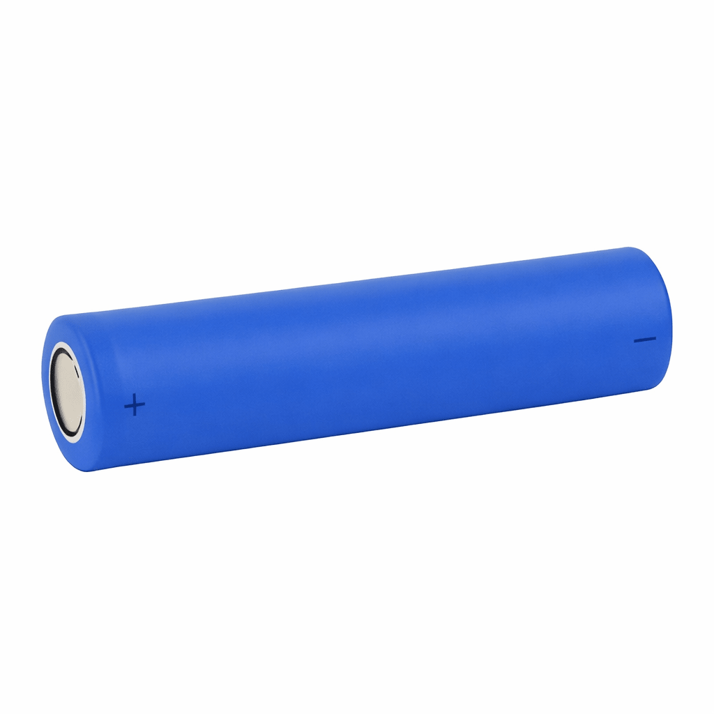Blue cylindrical solar 3.7v battery on a white background