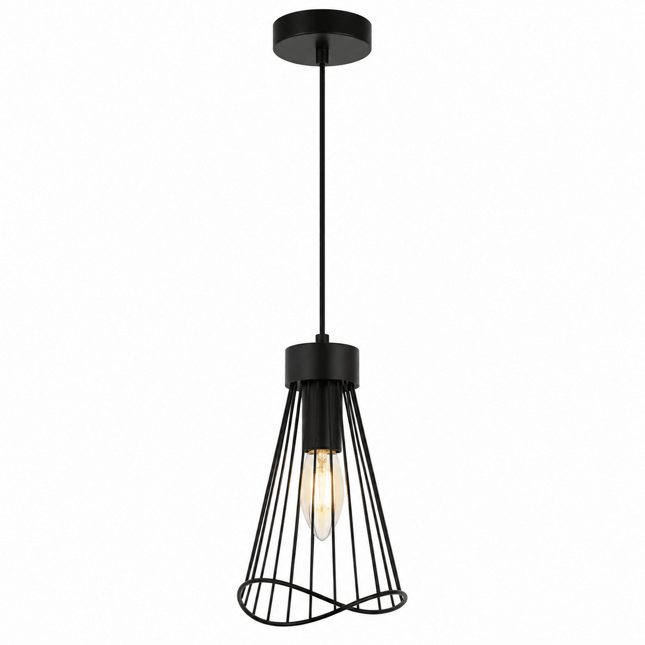 Black mesh pendant light with a sleek design, featuring an exposed bulb and adjustable height.