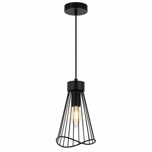 Black mesh pendant light with a sleek design, featuring an exposed bulb and adjustable height.