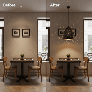Before and after comparison of a dining table with and without the black metal pendant light, showcasing its decorative glow.