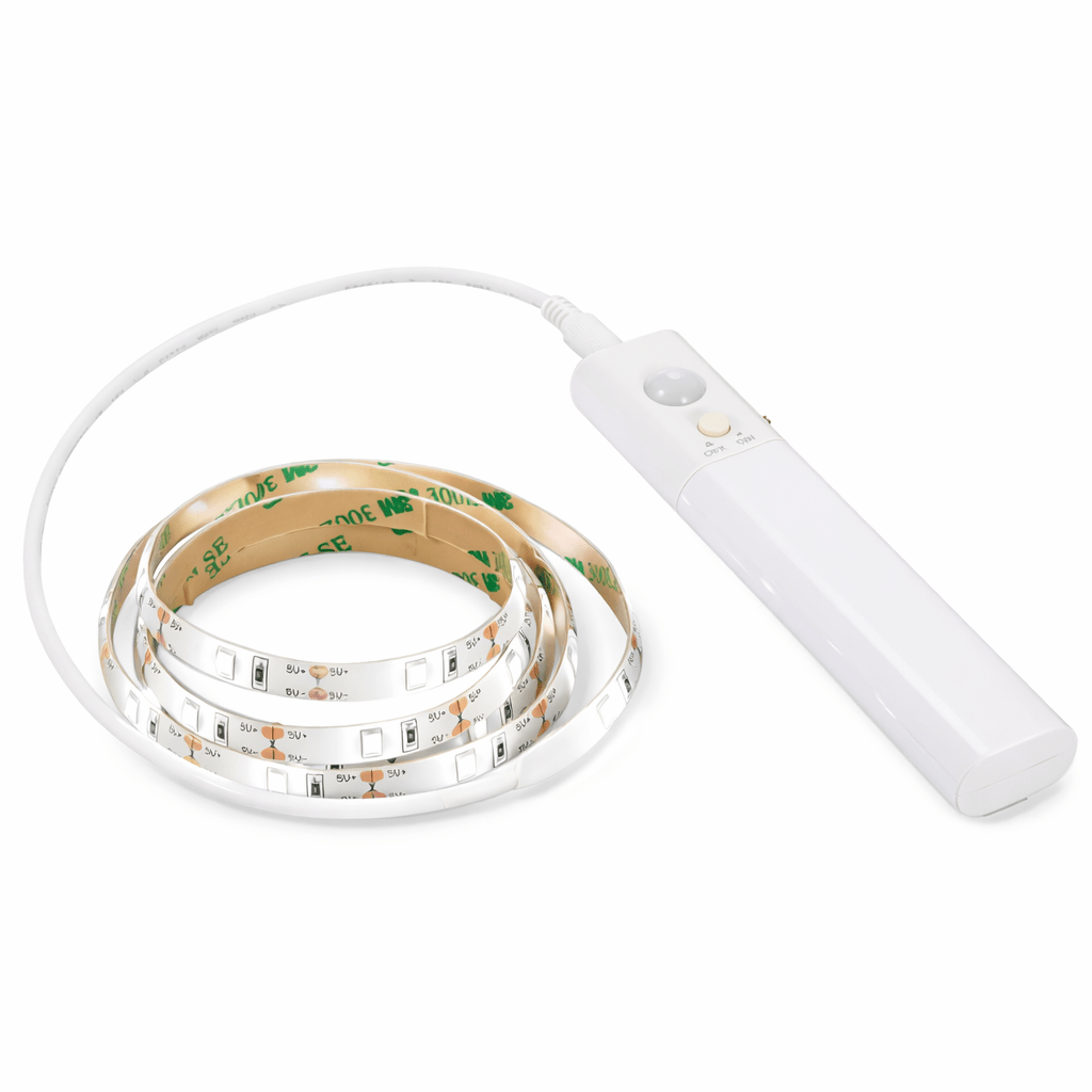LED strip light with white power adapter on a white background