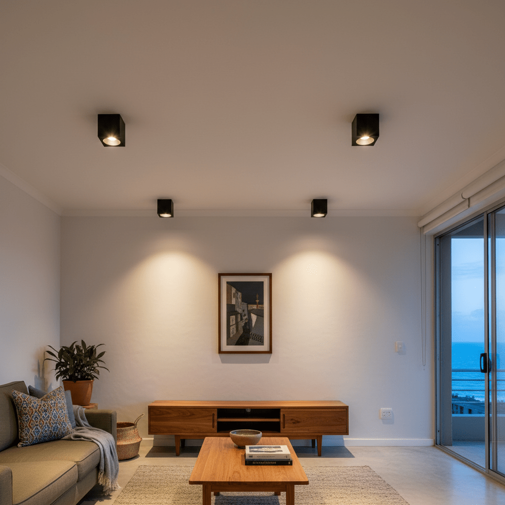 Stylish living room featuring three black square downlights illuminating the space, with a wooden coffee table and ocean