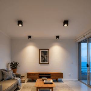 Stylish living room featuring three black square downlights illuminating the space, with a wooden coffee table and ocean