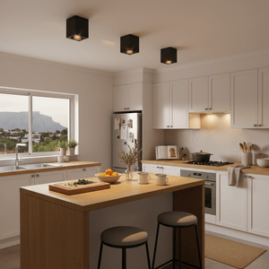 Stylish kitchen featuring black square LED downlights, wooden island, and modern appliances.