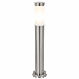 Sleek stainless steel bollard light with a frosted glass top, ideal for outdoor pathways.