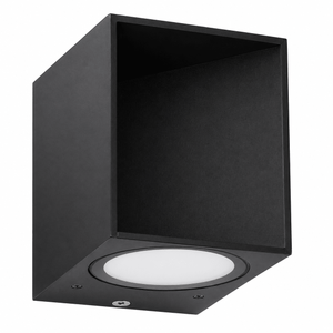 Matt black square outdoor wall light with circular downlight and IP44 rating