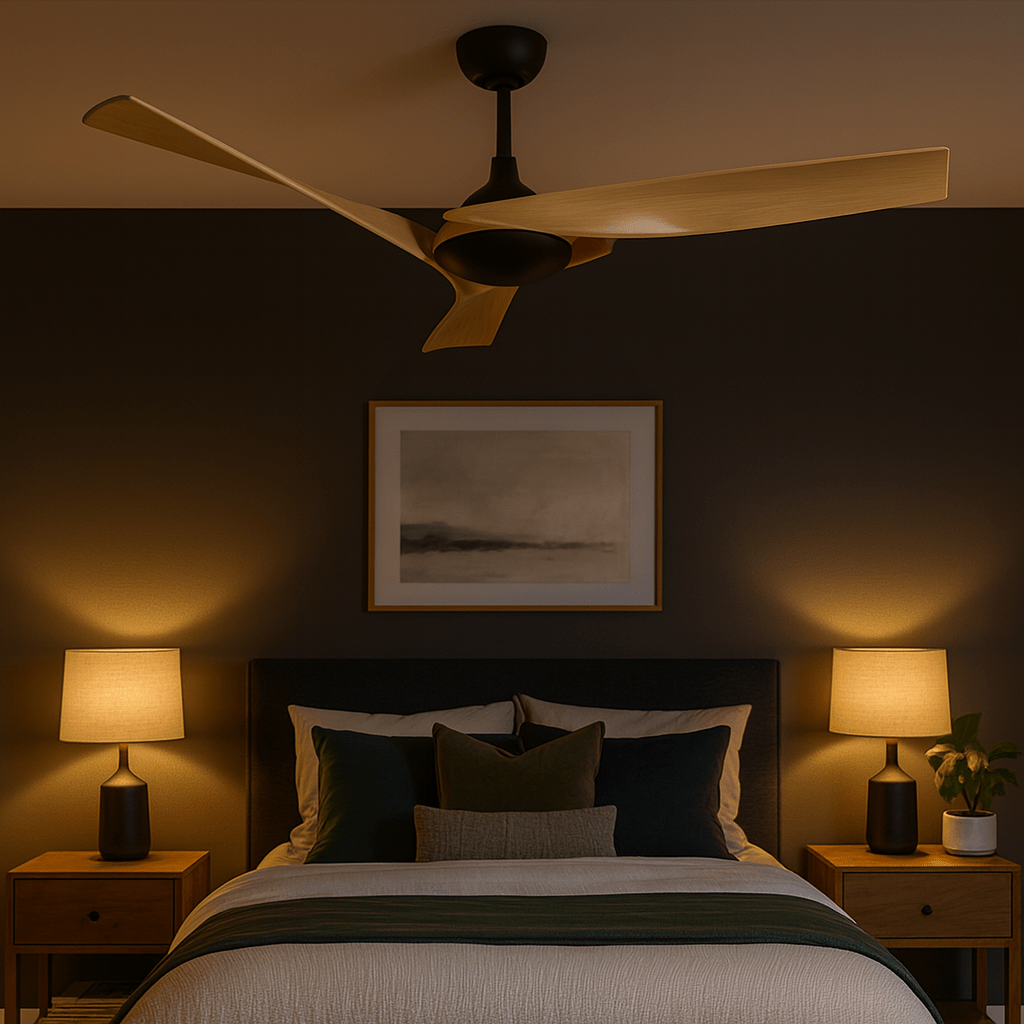 DC motor ceiling fan for Cape Town bedroom, quiet white ceiling fan with LED light and remote control, realistic 800x800 interior with soft daylight and clean styling