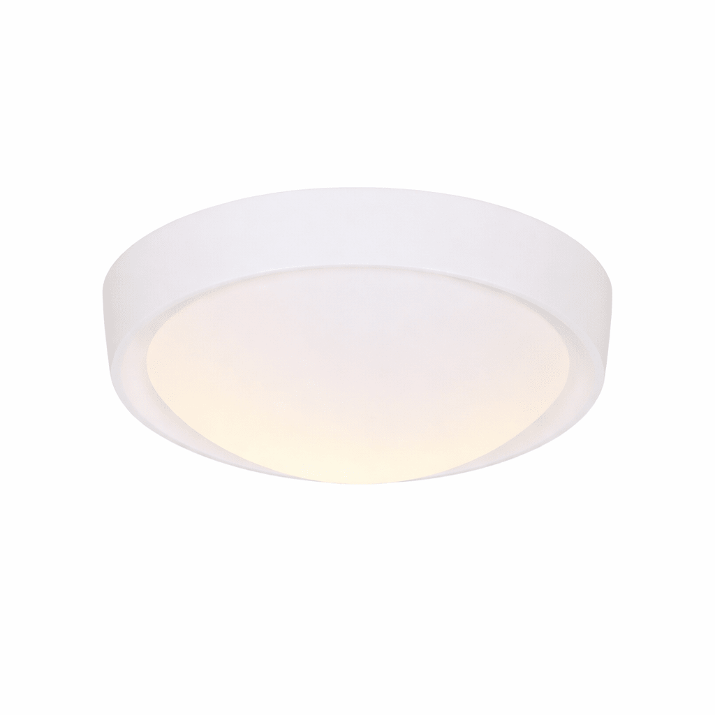 Round white ceiling light fixture on a white background