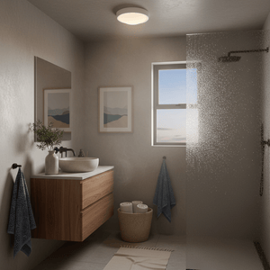 Stylish bathroom featuring a white flush ceiling light, wooden vanity, and modern decor.