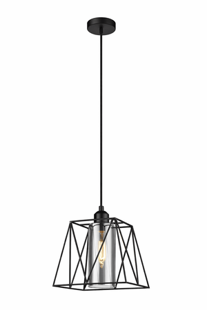 Black pendant light with clear glass shade on a white background