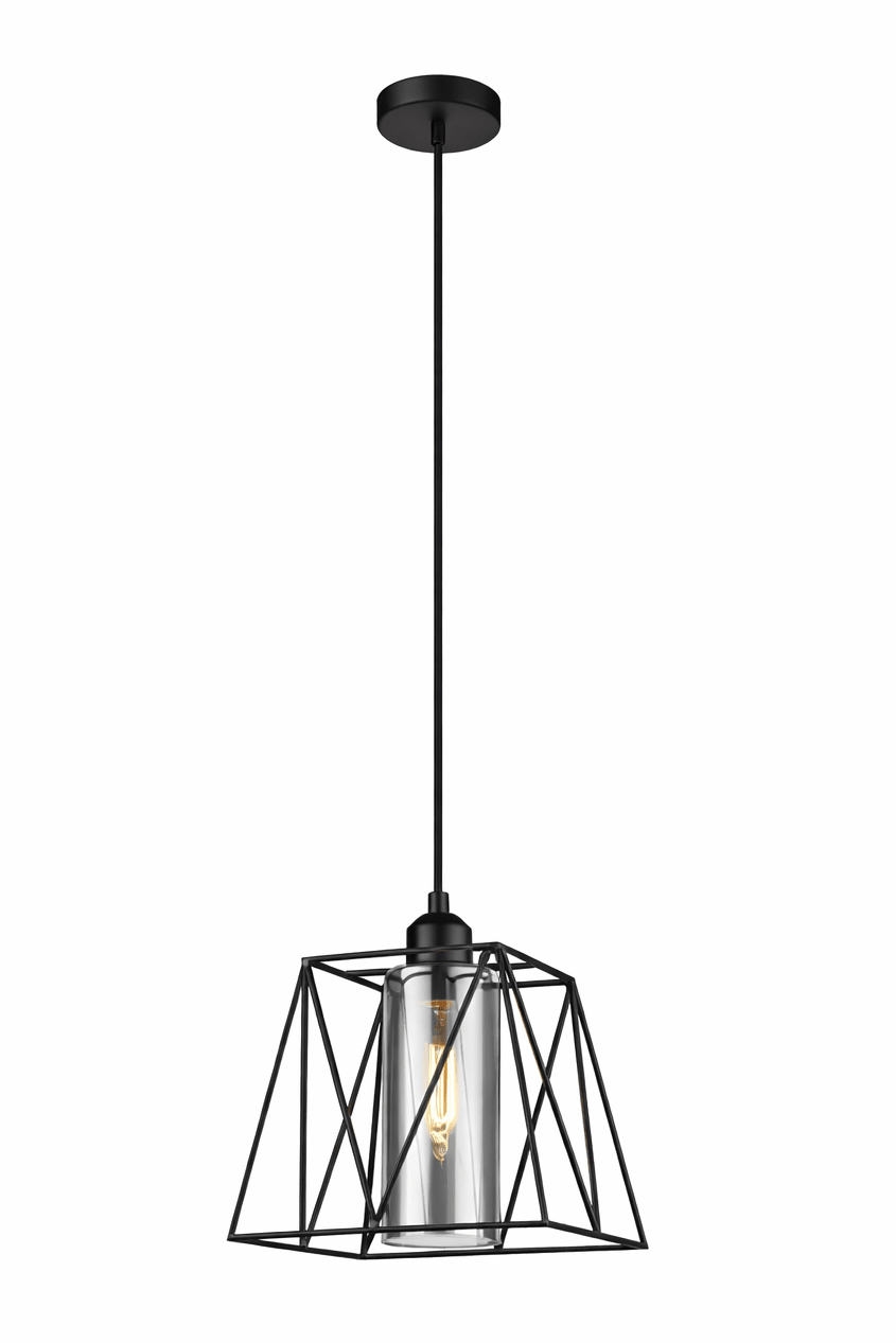 Black pendant light with clear glass shade on a white background