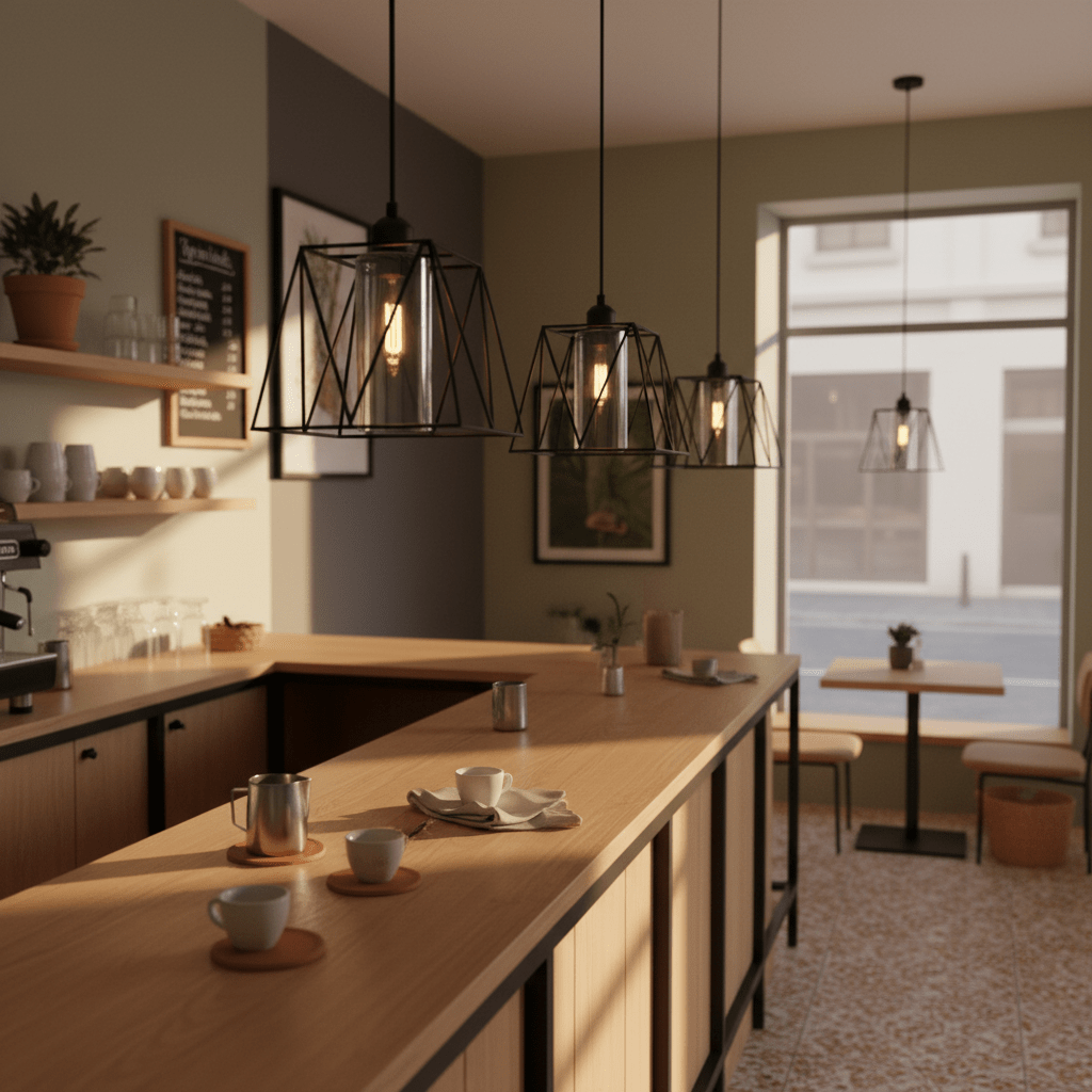Stylish metal pendant lights with smoked glass shades hanging over a wooden counter in a café setting.