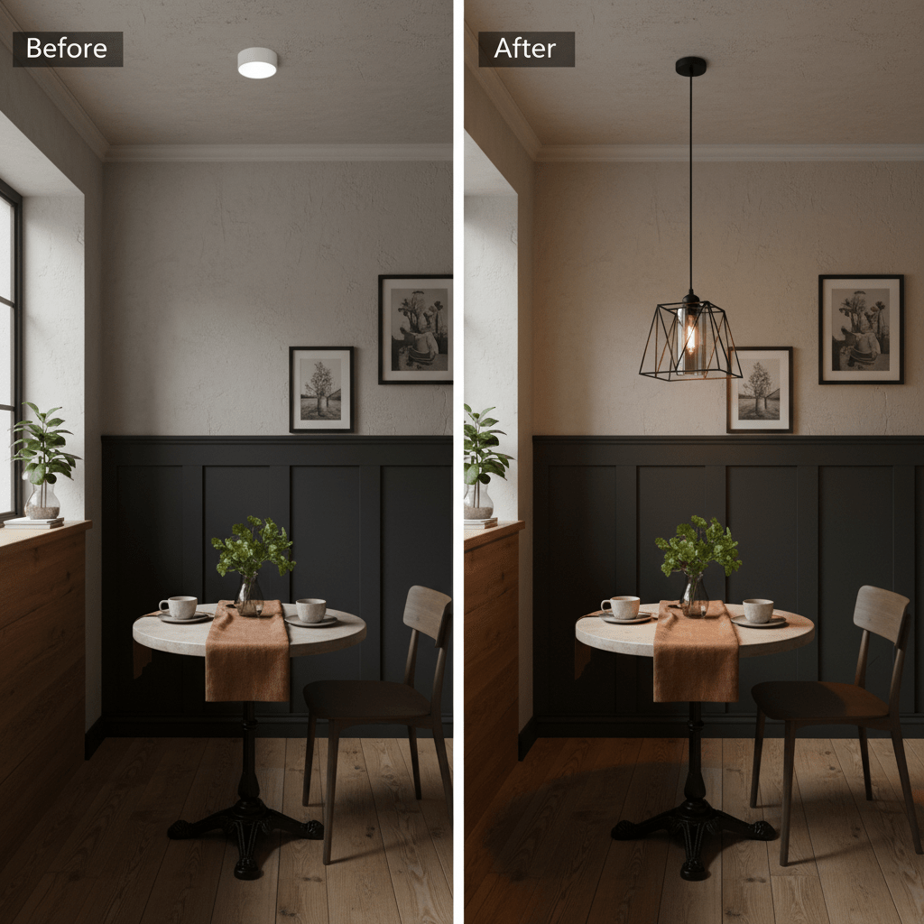 Lifestyle image showing a dining area transformation with a pendant light, enhancing ambiance and style.