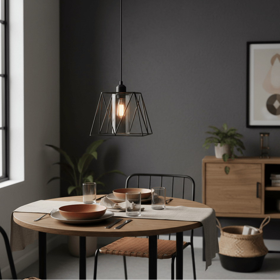Stylish metal pendant light with smoked glass shade hanging above a dining table set with plates and glasses.