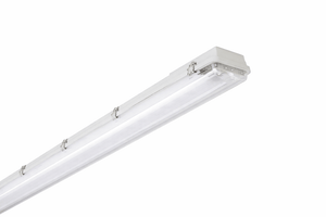 Grey vapourproof LED tube fitting with impact-resistant diffuser, ideal for indoor task lighting.