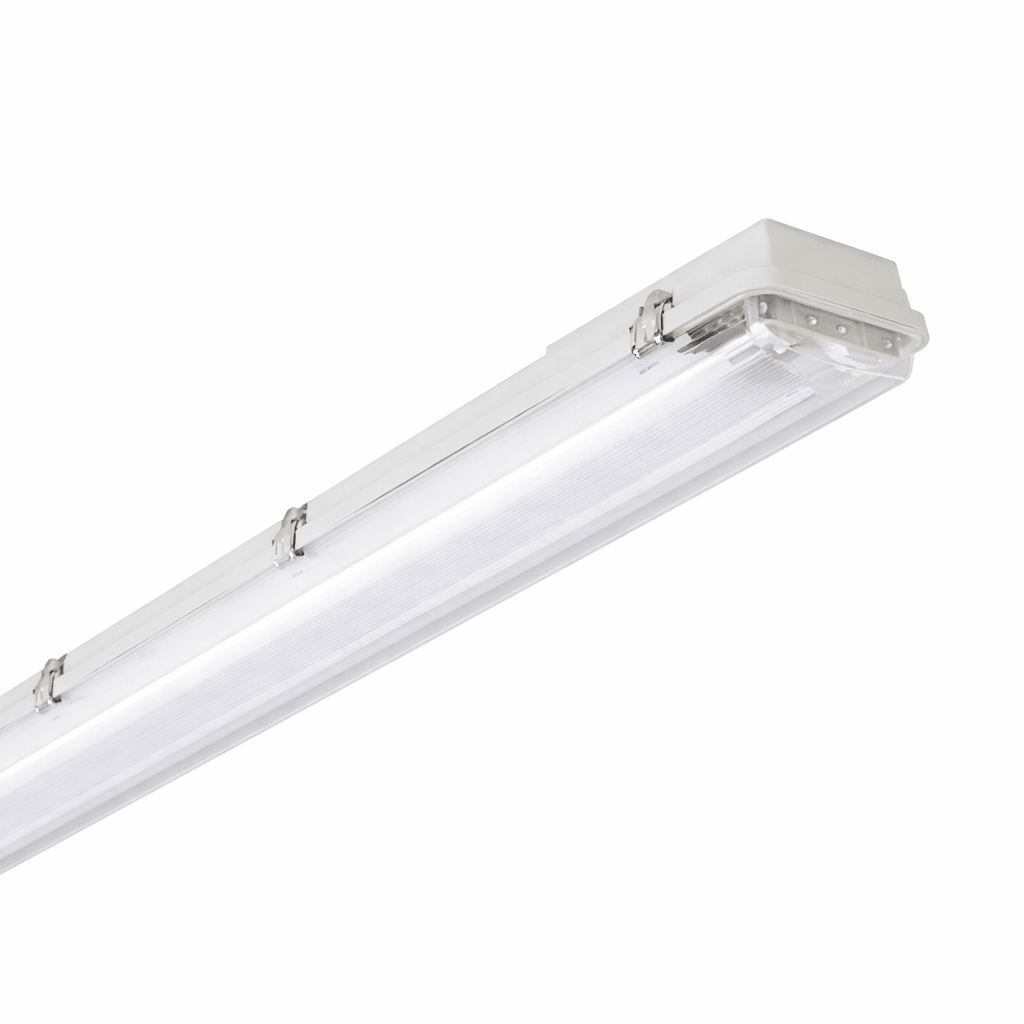 Linear fluorescent light fixture on a white background