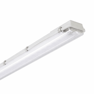 Linear fluorescent light fixture on a white background