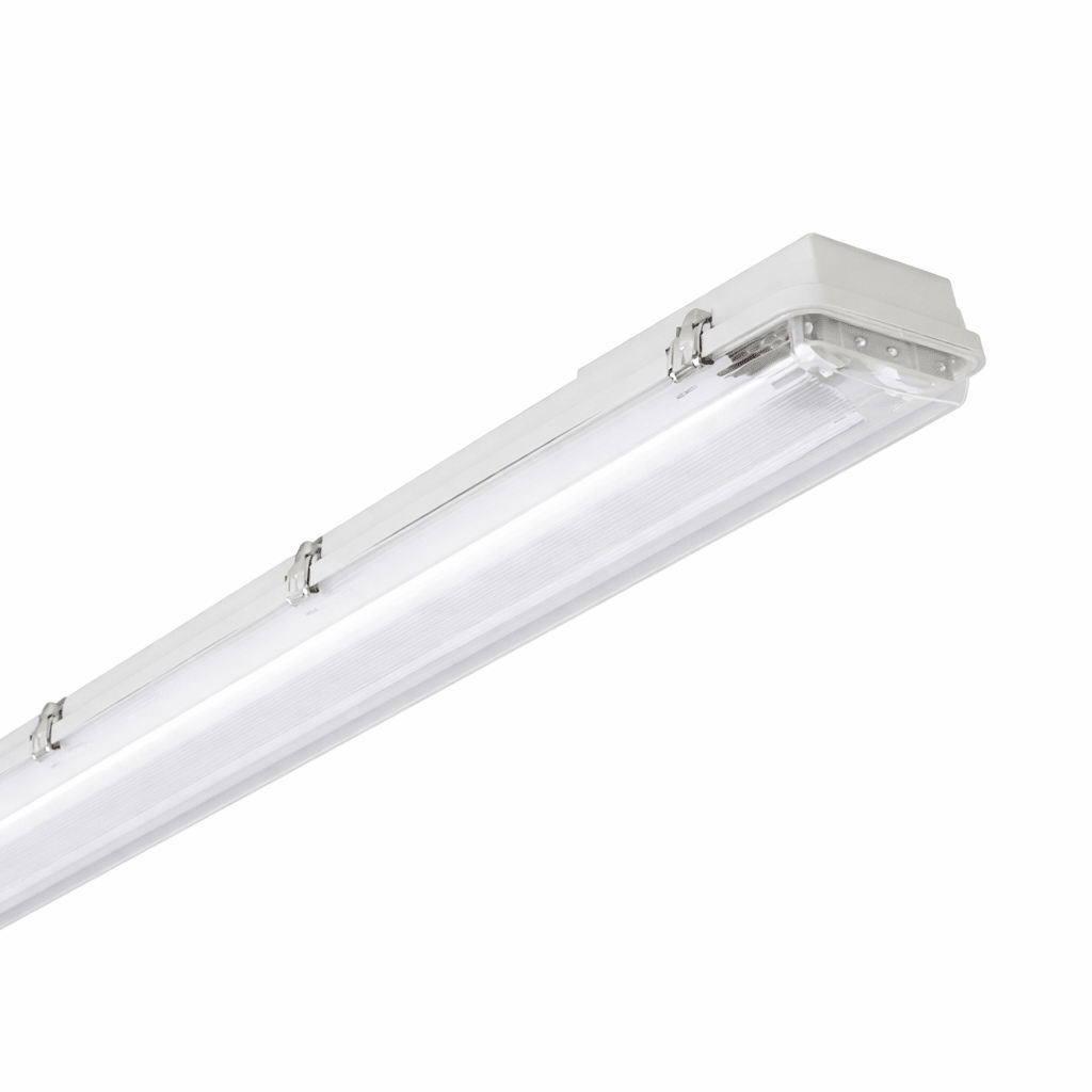 Linear fluorescent light fixture on a white background