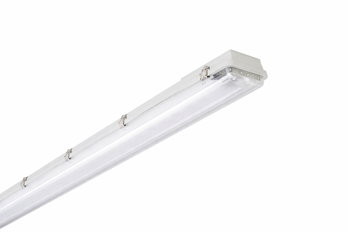 Linear fluorescent light fixture on a white background