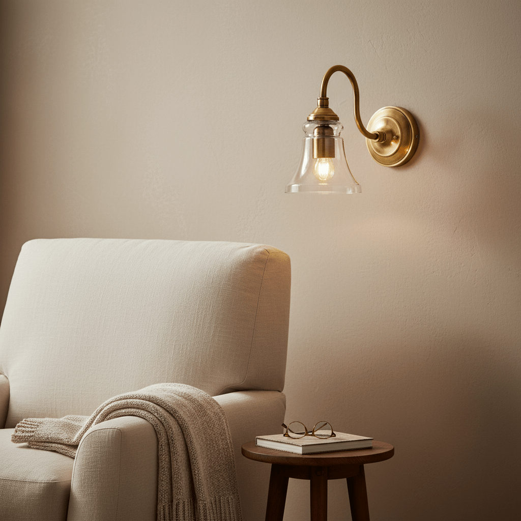 Antique brass wall lamp with clear glass diffuser above a cozy armchair and side table.