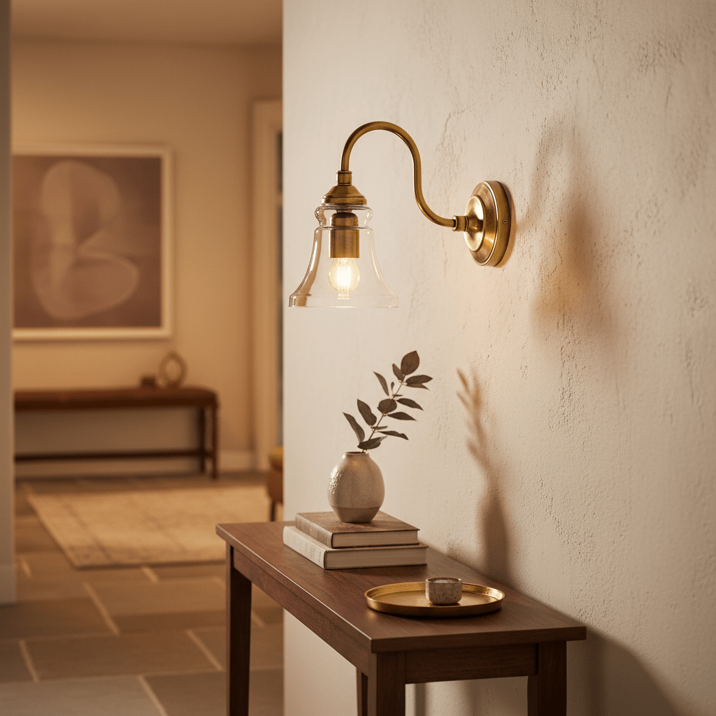 Antique brass wall lamp with clear glass diffuser illuminating a hallway, styled with decor on a wooden table.