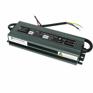 Waterproof 24Vdc LED power supply with IP67 rating, slim design, and input/output specifications visible.