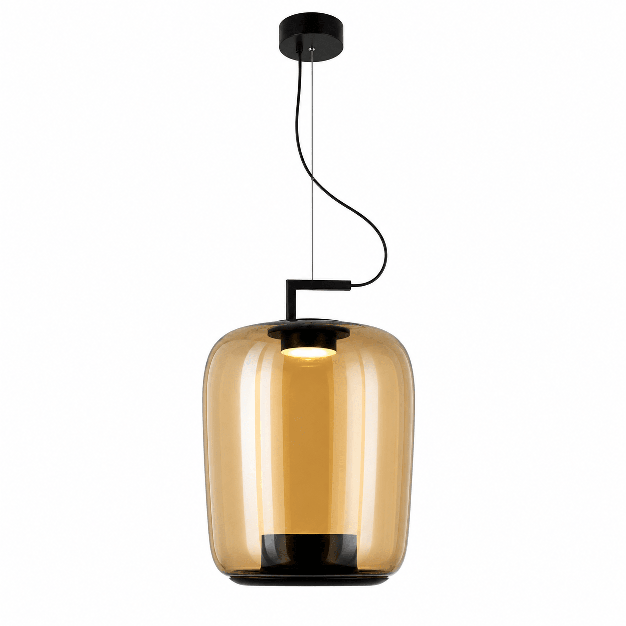Amber-tinted glass pendant light with black metal accents, suspended from a ceiling mount.