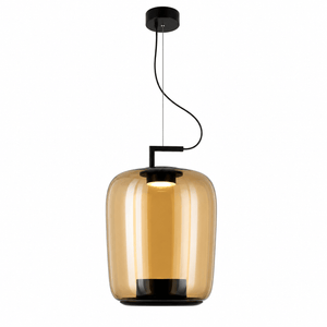 Amber-tinted glass pendant light with black metal accents, suspended from a ceiling mount.