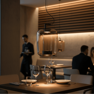Amber LED pendant light hanging above a dining table, creating a warm ambiance in a modern restaurant setting.