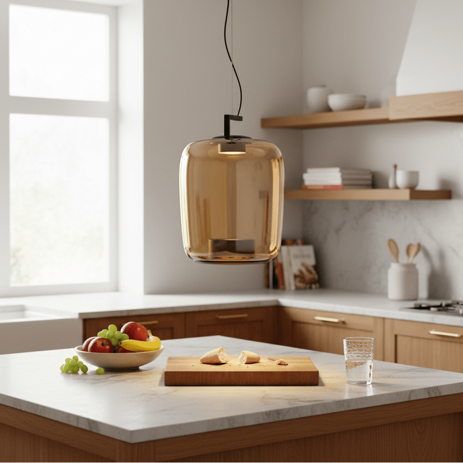 Amber LED pendant light hanging above a kitchen island with fruits and bread on a marble countertop.