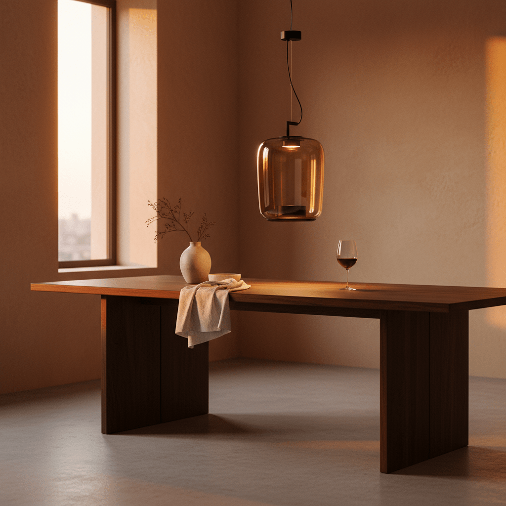Amber LED pendant light hanging above a wooden dining table set with a vase and wine glass, creating a warm ambiance.