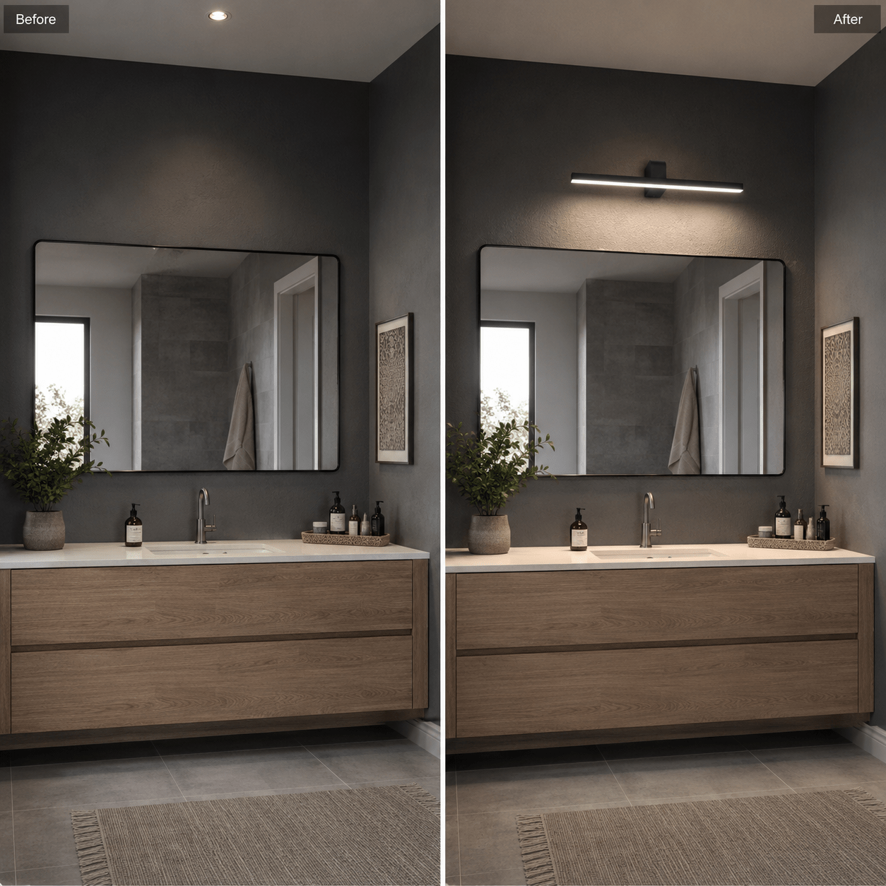 Before and after comparison of a bathroom with and without the LED picture light above the mirror.