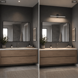 Before and after comparison of a bathroom with and without the LED picture light above the mirror.