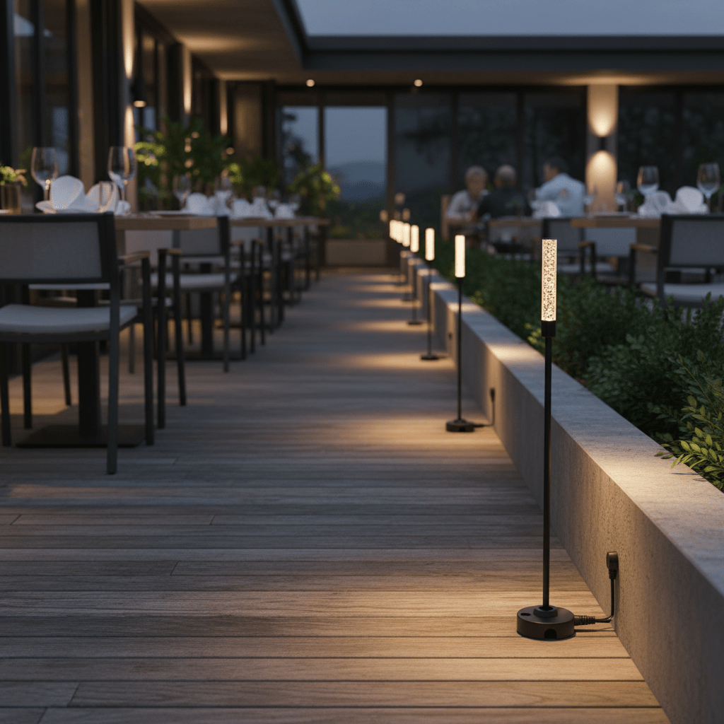 Evening outdoor dining area with wooden deck and illuminated pathway.