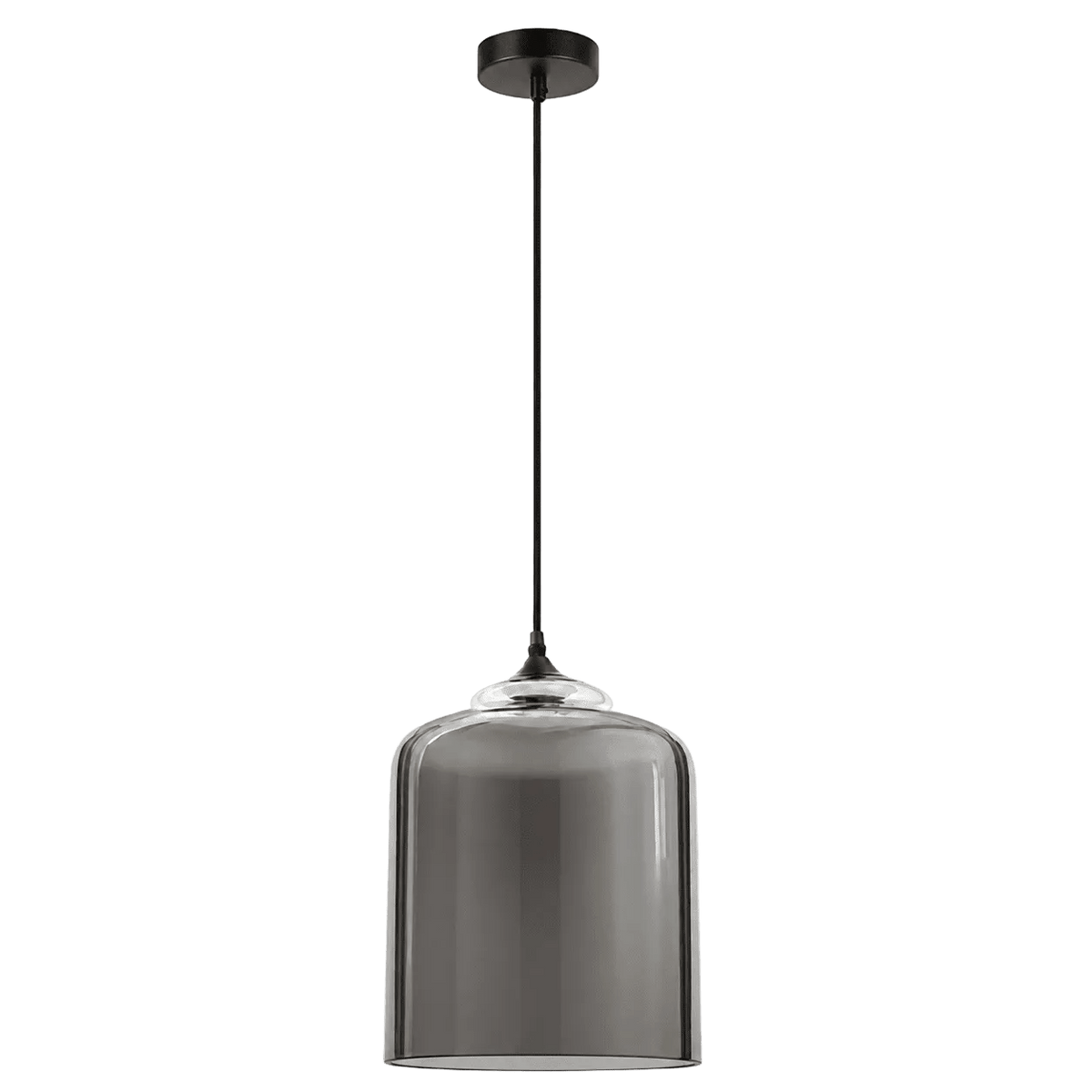 Smoke grey glass pendant light with a rounded bell shape, suspended from a black cord and ceiling mount.
