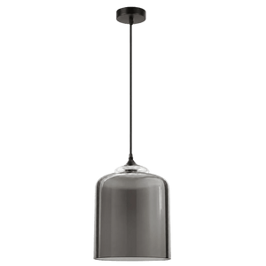 Smoke grey glass pendant light with a rounded bell shape, suspended from a black cord and ceiling mount.