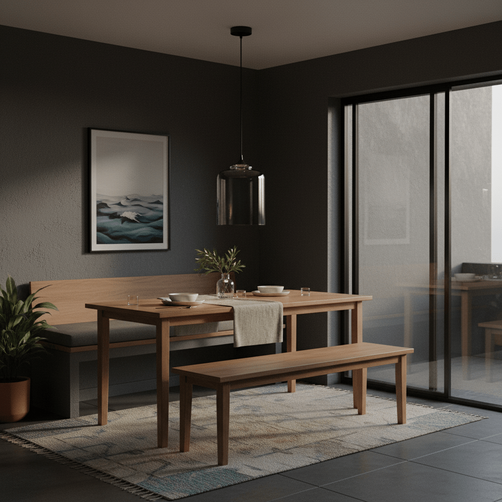 Smoke grey bell jar glass pendant light hanging above a wooden dining table with a bench, plants, and artwork.