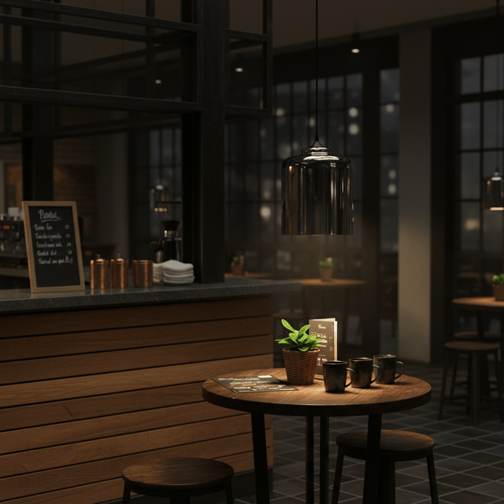 Smoke grey bell jar glass pendant light hanging above a wooden table with coffee mugs and a plant.